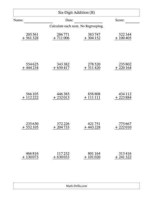 The Six-Digit Addition With No Regrouping – 20 Questions – Space Separated Thousands (B) Math Worksheet