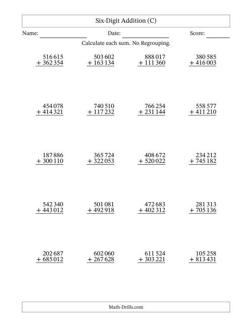 The Six-Digit Addition With No Regrouping – 20 Questions – Space Separated Thousands (C) Math Worksheet