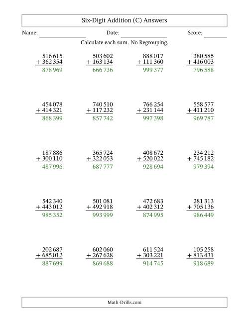 The Six-Digit Addition With No Regrouping – 20 Questions – Space Separated Thousands (C) Math Worksheet Page 2