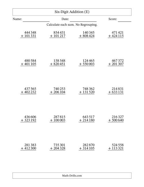 The Six-Digit Addition With No Regrouping – 20 Questions – Space Separated Thousands (E) Math Worksheet