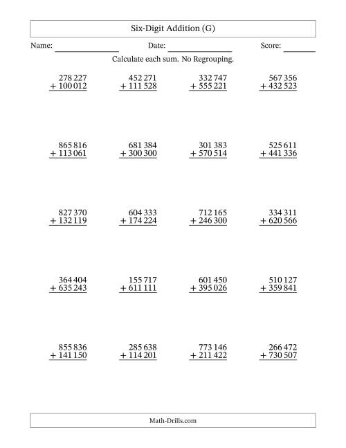 The Six-Digit Addition With No Regrouping – 20 Questions – Space Separated Thousands (G) Math Worksheet