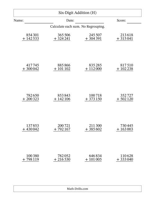The Six-Digit Addition With No Regrouping – 20 Questions – Space Separated Thousands (H) Math Worksheet