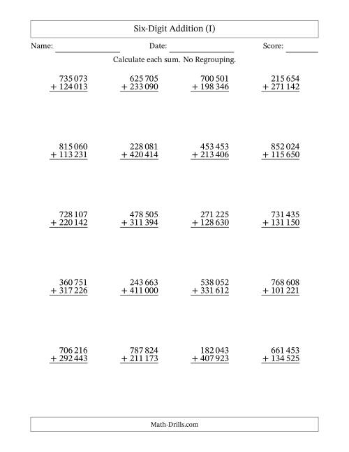The Six-Digit Addition With No Regrouping – 20 Questions – Space Separated Thousands (I) Math Worksheet