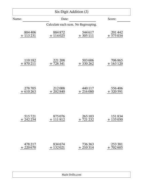 The Six-Digit Addition With No Regrouping – 20 Questions – Space Separated Thousands (J) Math Worksheet