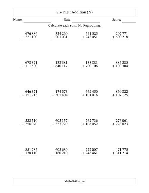 The Six-Digit Addition With No Regrouping – 20 Questions – Space Separated Thousands (N) Math Worksheet