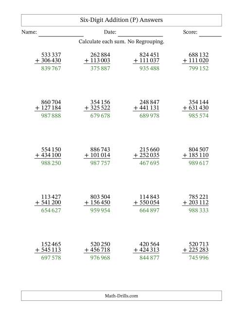 The Six-Digit Addition With No Regrouping – 20 Questions – Space Separated Thousands (P) Math Worksheet Page 2