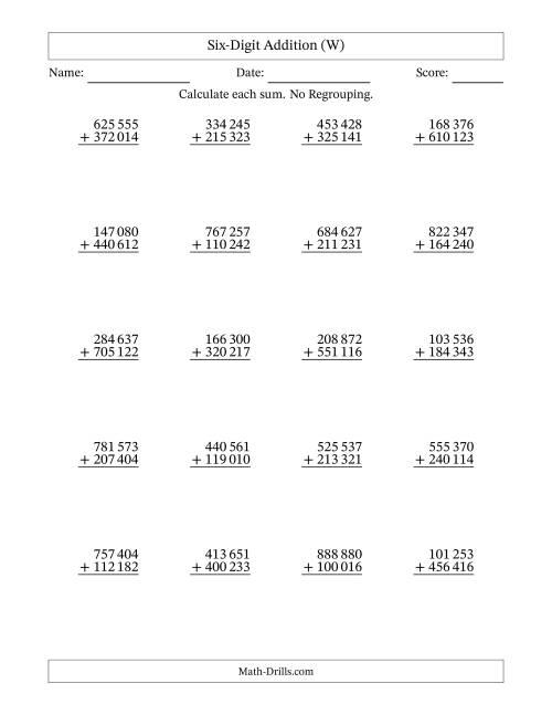 The Six-Digit Addition With No Regrouping – 20 Questions – Space Separated Thousands (W) Math Worksheet