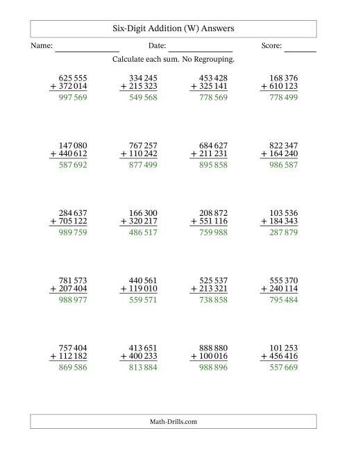 The Six-Digit Addition With No Regrouping – 20 Questions – Space Separated Thousands (W) Math Worksheet Page 2