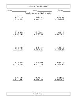 Seven-Digit Addition With No Regrouping – 15 Questions – Space Separated Thousands