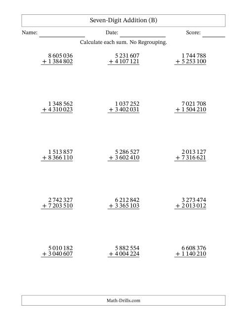 The Seven-Digit Addition With No Regrouping – 15 Questions – Space Separated Thousands (B) Math Worksheet