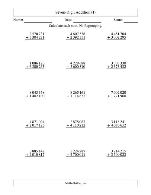 The Seven-Digit Addition With No Regrouping – 15 Questions – Space Separated Thousands (I) Math Worksheet