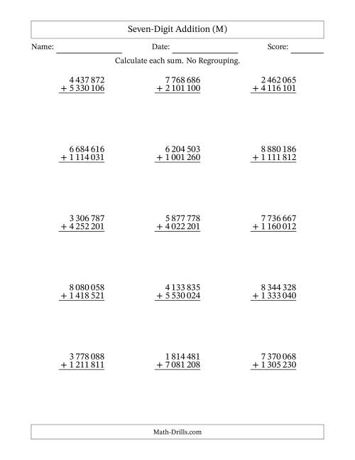 The Seven-Digit Addition With No Regrouping – 15 Questions – Space Separated Thousands (M) Math Worksheet