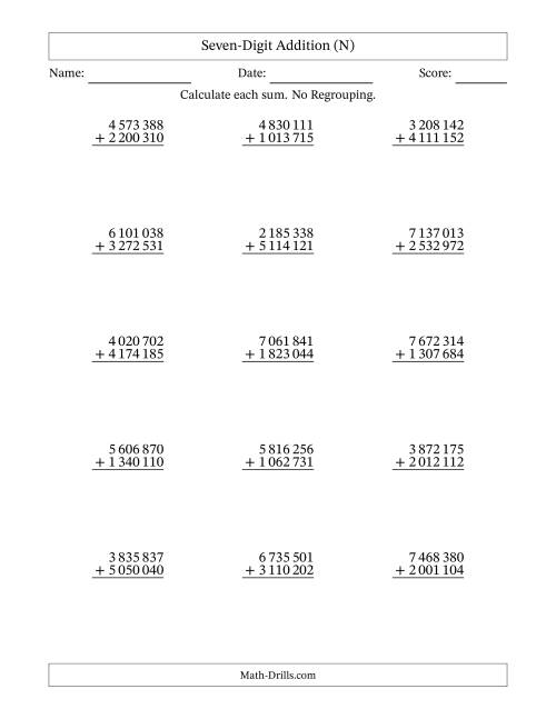 The Seven-Digit Addition With No Regrouping – 15 Questions – Space Separated Thousands (N) Math Worksheet