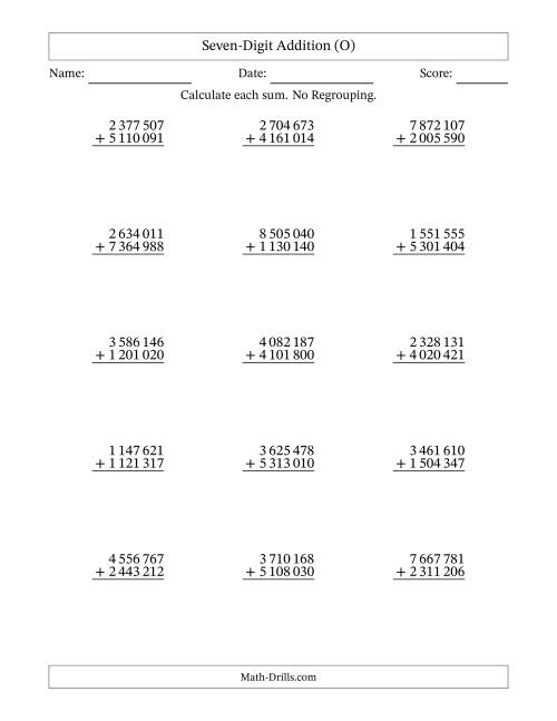 The Seven-Digit Addition With No Regrouping – 15 Questions – Space Separated Thousands (O) Math Worksheet