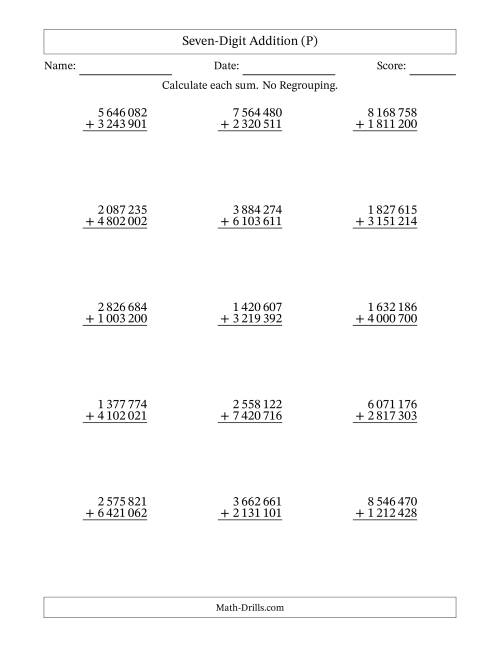 The Seven-Digit Addition With No Regrouping – 15 Questions – Space Separated Thousands (P) Math Worksheet