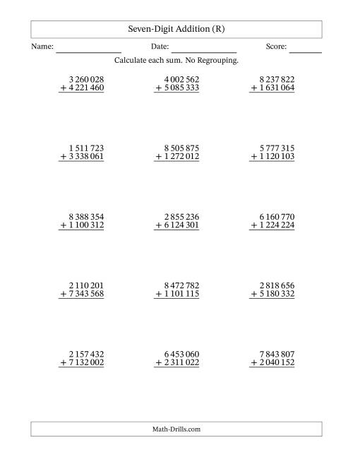 The Seven-Digit Addition With No Regrouping – 15 Questions – Space Separated Thousands (R) Math Worksheet