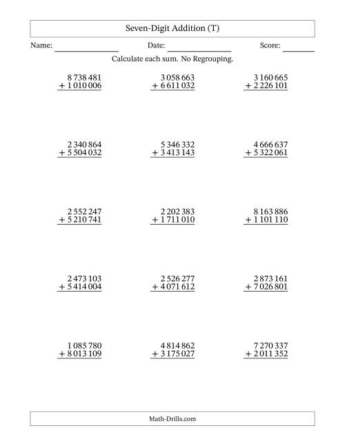 The Seven-Digit Addition With No Regrouping – 15 Questions – Space Separated Thousands (T) Math Worksheet