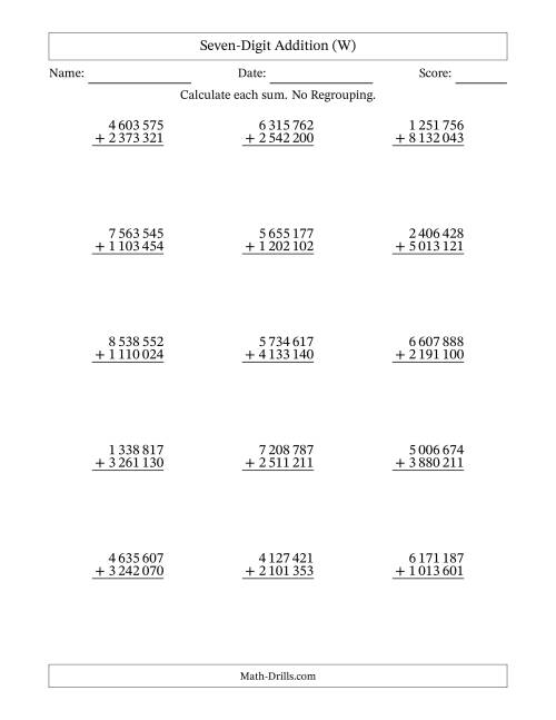 The Seven-Digit Addition With No Regrouping – 15 Questions – Space Separated Thousands (W) Math Worksheet