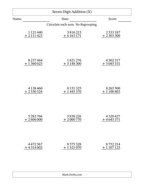 The Seven-Digit Addition With No Regrouping – 15 Questions – Space Separated Thousands (X) Math Worksheet