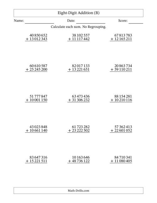 The Eight-Digit Addition With No Regrouping – 15 Questions – Space Separated Thousands (B) Math Worksheet