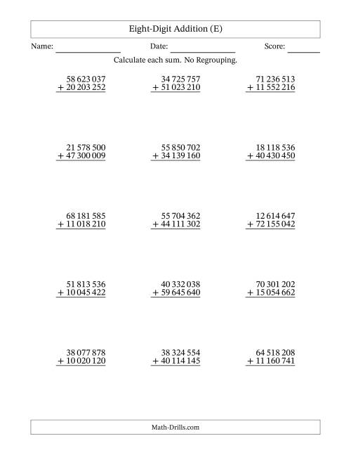 The Eight-Digit Addition With No Regrouping – 15 Questions – Space Separated Thousands (E) Math Worksheet