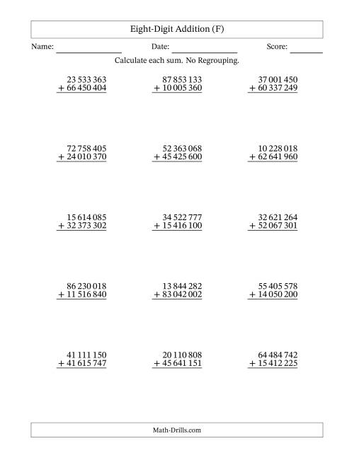 The Eight-Digit Addition With No Regrouping – 15 Questions – Space Separated Thousands (F) Math Worksheet