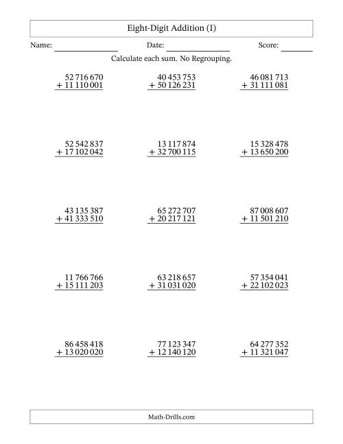 The Eight-Digit Addition With No Regrouping – 15 Questions – Space Separated Thousands (I) Math Worksheet