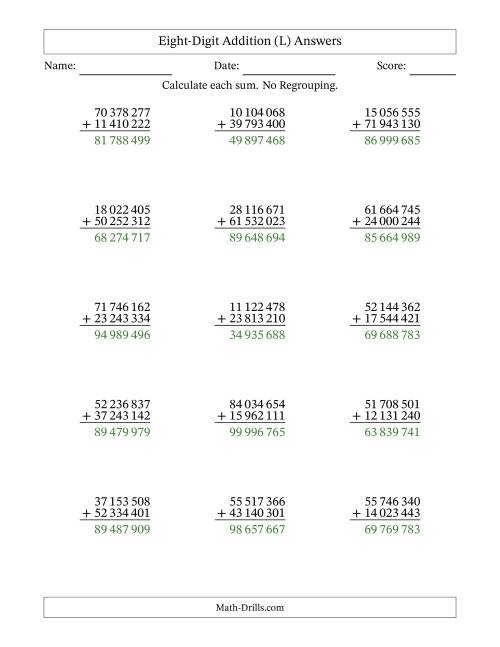 The Eight-Digit Addition With No Regrouping – 15 Questions – Space Separated Thousands (L) Math Worksheet Page 2