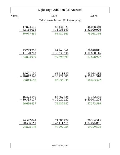 The Eight-Digit Addition With No Regrouping – 15 Questions – Space Separated Thousands (Q) Math Worksheet Page 2