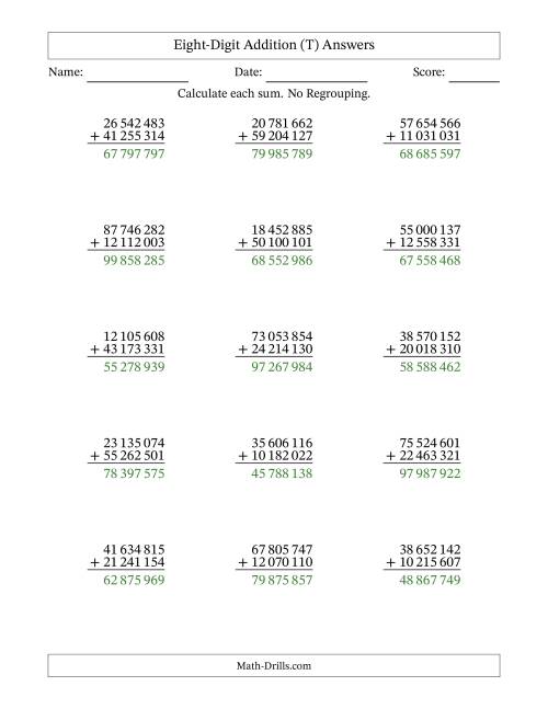 The Eight-Digit Addition With No Regrouping – 15 Questions – Space Separated Thousands (T) Math Worksheet Page 2