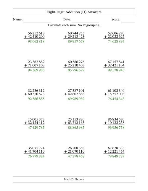 The Eight-Digit Addition With No Regrouping – 15 Questions – Space Separated Thousands (U) Math Worksheet Page 2