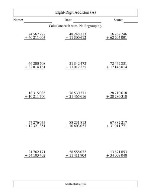 The Eight-Digit Addition With No Regrouping – 15 Questions – Space Separated Thousands (All) Math Worksheet