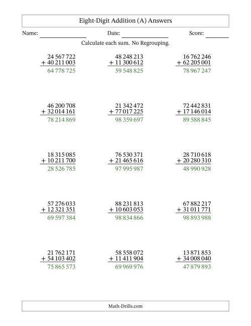 The Eight-Digit Addition With No Regrouping – 15 Questions – Space Separated Thousands (All) Math Worksheet Page 2