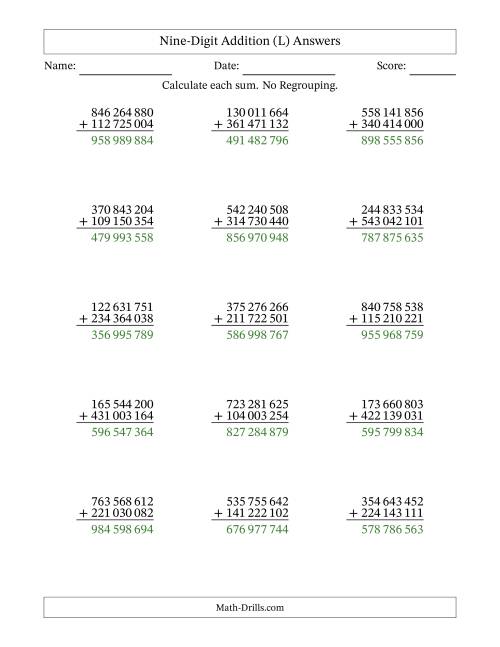 The Nine-Digit Addition With No Regrouping – 15 Questions – Space Separated Thousands (L) Math Worksheet Page 2