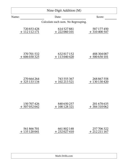 The Nine-Digit Addition With No Regrouping – 15 Questions – Space Separated Thousands (M) Math Worksheet