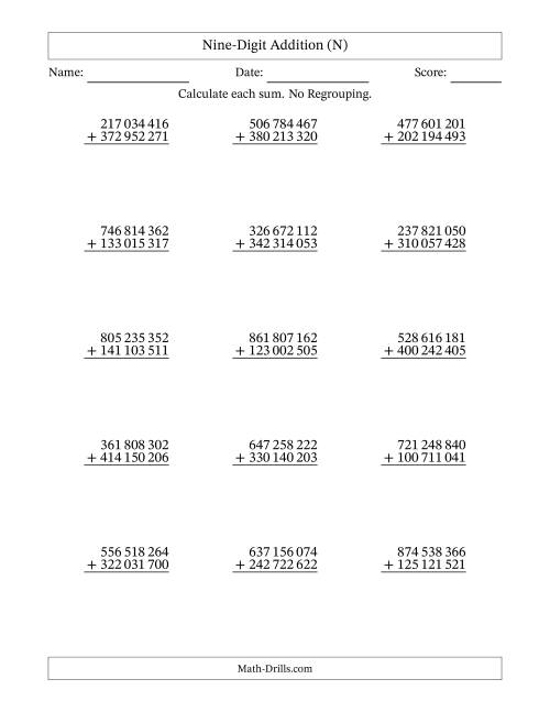 The Nine-Digit Addition With No Regrouping – 15 Questions – Space Separated Thousands (N) Math Worksheet