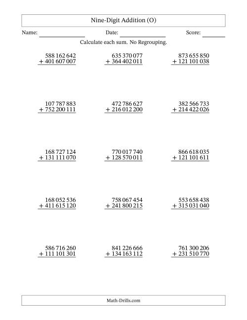 The Nine-Digit Addition With No Regrouping – 15 Questions – Space Separated Thousands (O) Math Worksheet