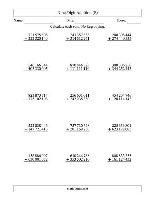 The Nine-Digit Addition With No Regrouping – 15 Questions – Space Separated Thousands (P) Math Worksheet