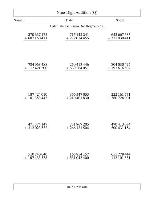 The Nine-Digit Addition With No Regrouping – 15 Questions – Space Separated Thousands (Q) Math Worksheet