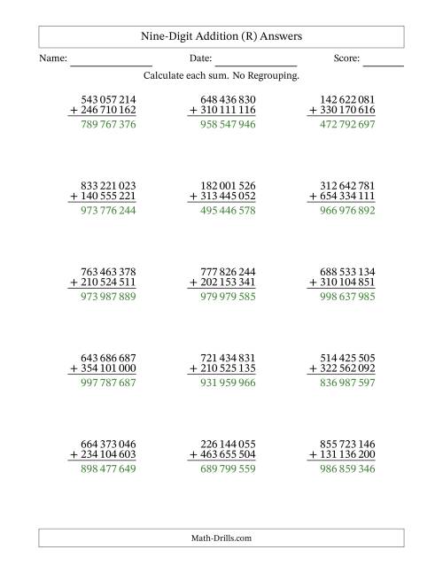 The Nine-Digit Addition With No Regrouping – 15 Questions – Space Separated Thousands (R) Math Worksheet Page 2