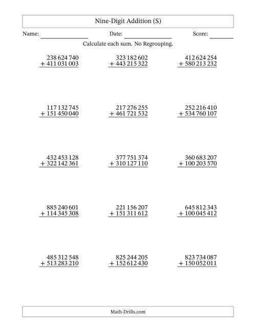 The Nine-Digit Addition With No Regrouping – 15 Questions – Space Separated Thousands (S) Math Worksheet