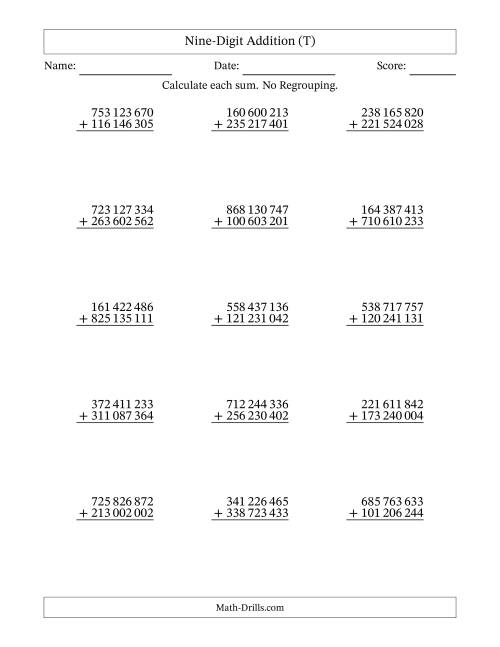 The Nine-Digit Addition With No Regrouping – 15 Questions – Space Separated Thousands (T) Math Worksheet