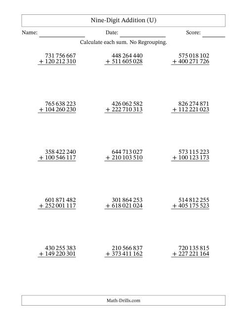 The Nine-Digit Addition With No Regrouping – 15 Questions – Space Separated Thousands (U) Math Worksheet