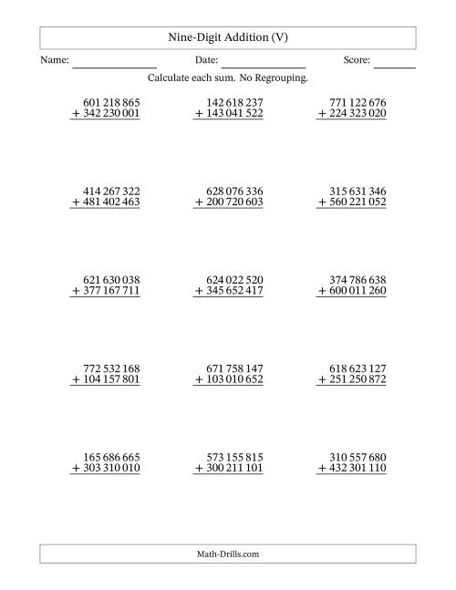 The Nine-Digit Addition With No Regrouping – 15 Questions – Space Separated Thousands (V) Math Worksheet
