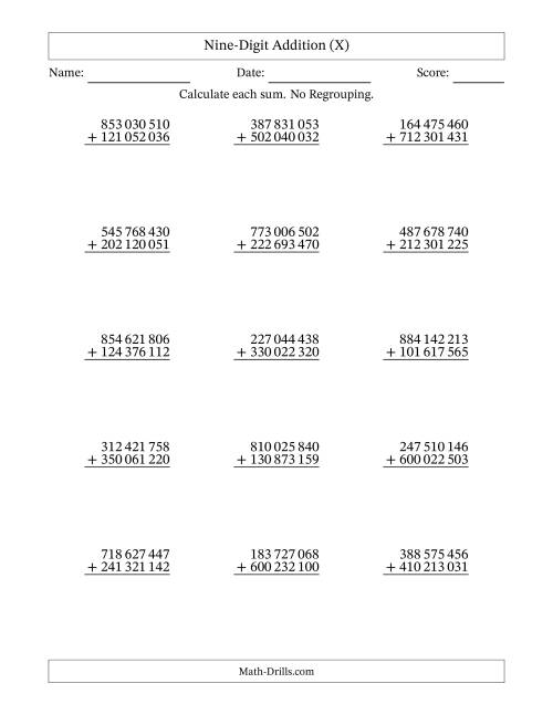 The Nine-Digit Addition With No Regrouping – 15 Questions – Space Separated Thousands (X) Math Worksheet