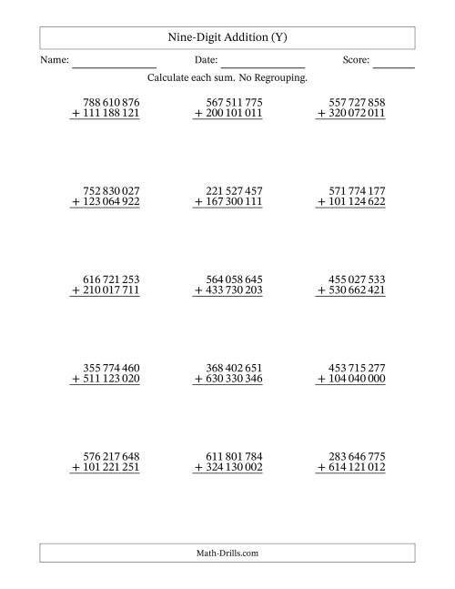 The Nine-Digit Addition With No Regrouping – 15 Questions – Space Separated Thousands (Y) Math Worksheet