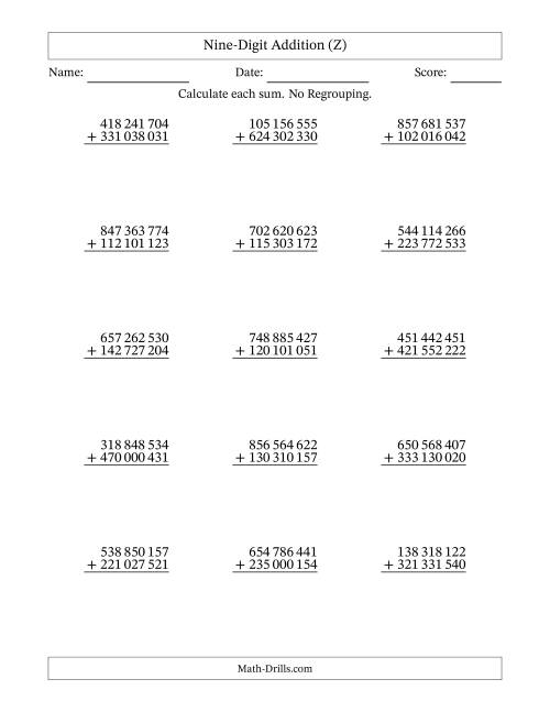 The Nine-Digit Addition With No Regrouping – 15 Questions – Space Separated Thousands (Z) Math Worksheet