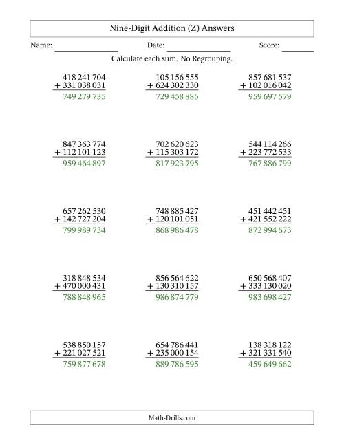 The Nine-Digit Addition With No Regrouping – 15 Questions – Space Separated Thousands (Z) Math Worksheet Page 2