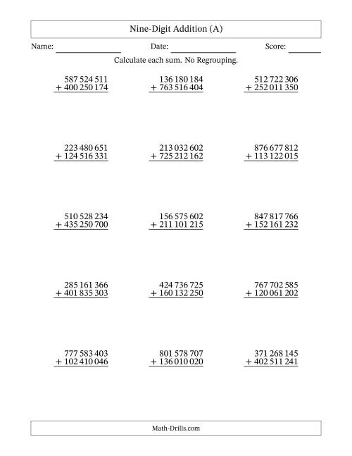 The Nine-Digit Addition With No Regrouping – 15 Questions – Space Separated Thousands (All) Math Worksheet