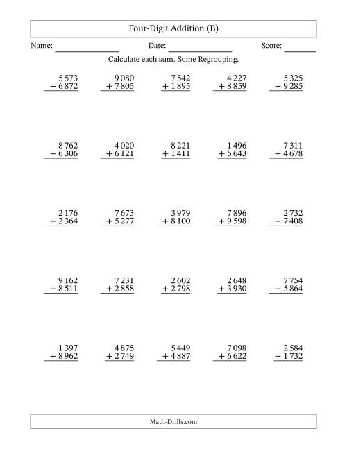 4-Digit Plus 4-Digit Addition with SOME Regrouping and Space-Separated ...